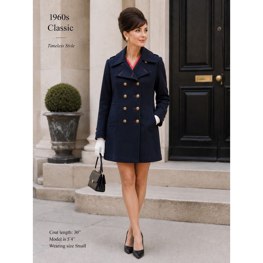 Vintage Navy Wool Blend‎ Military Peacoat Horse Head Buttons Red Lining Womens